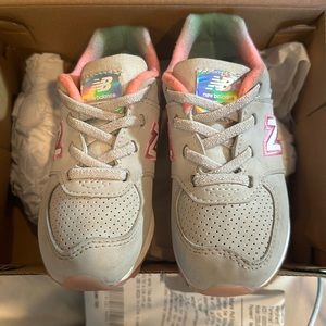 Kids New Balance Gym Shoes - grey with pink, white, and blue accents